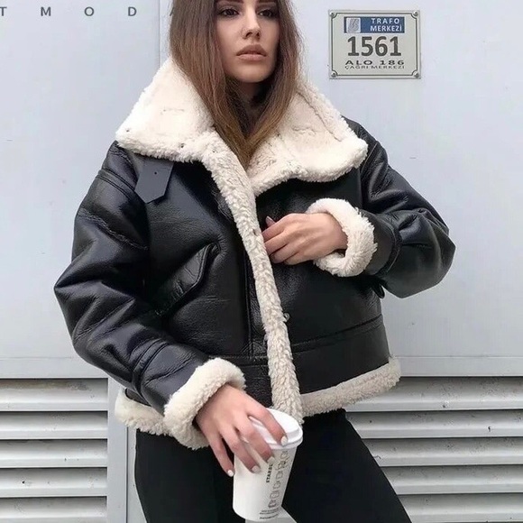 Leather jacket coat shearling faux buckle belt black cream - Picture 4 of 9